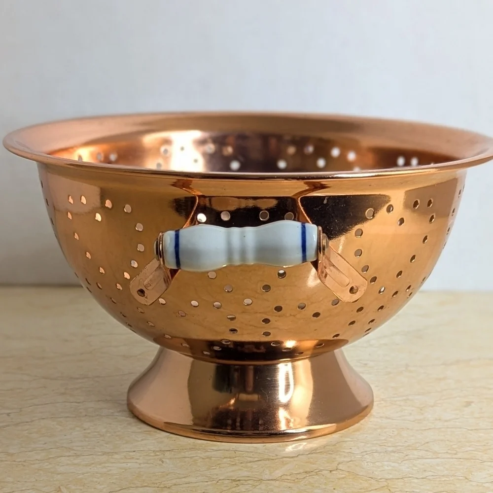 Vintage Teleflora Copper Collander Heart Shape Holes White Porcelain Handles